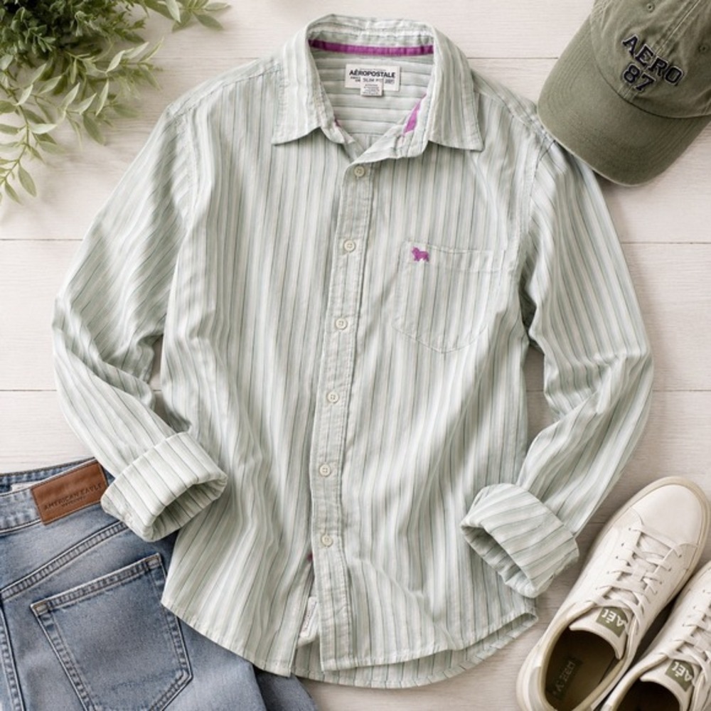 Y2K Aeropostale Mens L Green Stripe Cotton Button Up Shirt Slim Fit Preppy